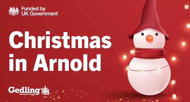 cartoon snowman with a string of lights. Text reads Christmas in Arnold